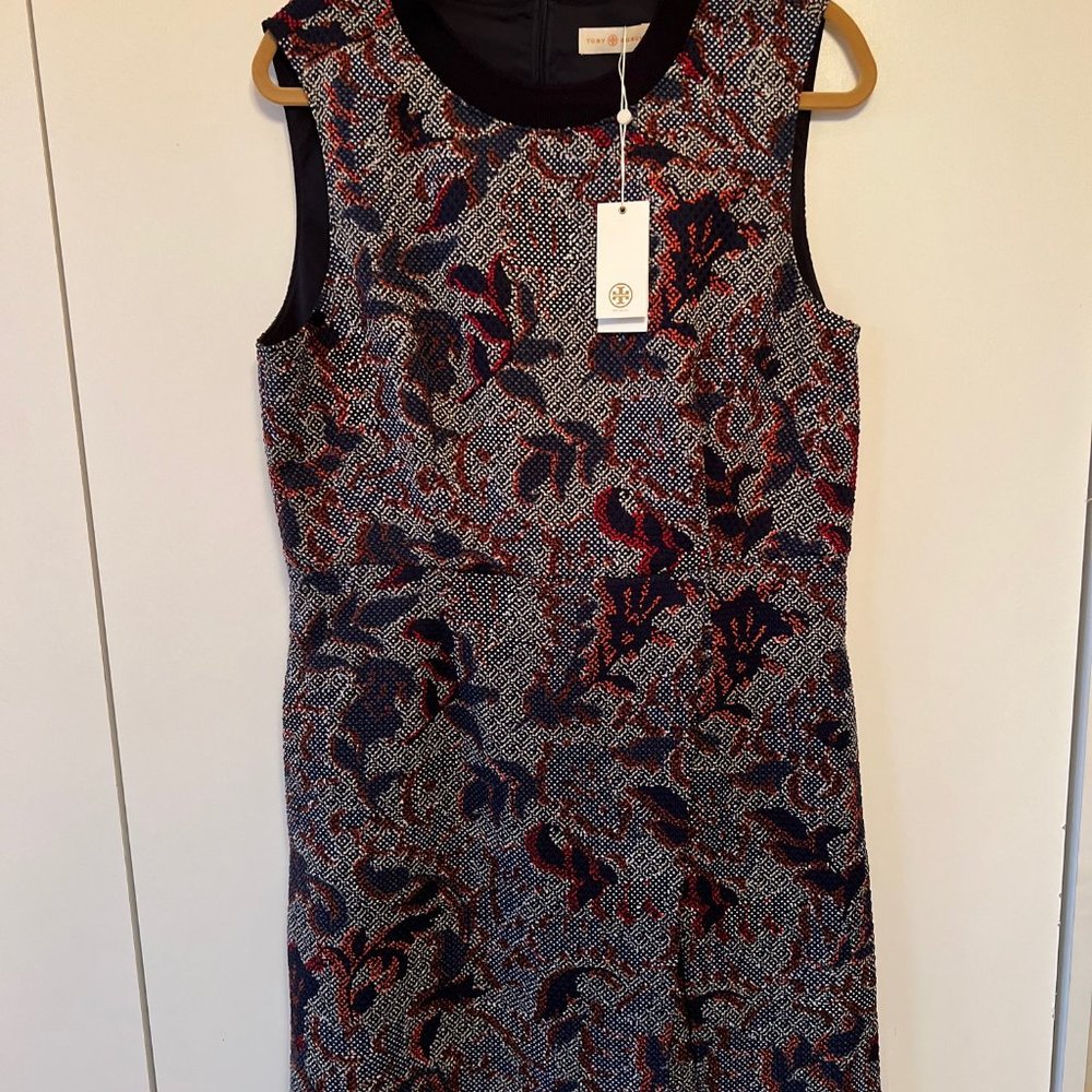 NEW TORY BURCH NAVY DAHLIA DRESS PRINTED CREPE STRETCH JACQUARD Size 14